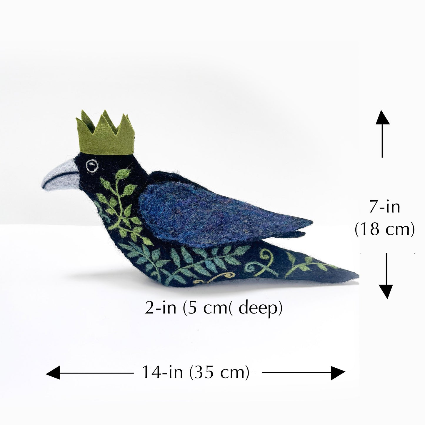 STANDING FLORAL AND LICHEN CROW NEEDLE-FELTED 3-D BIRD FIGURE