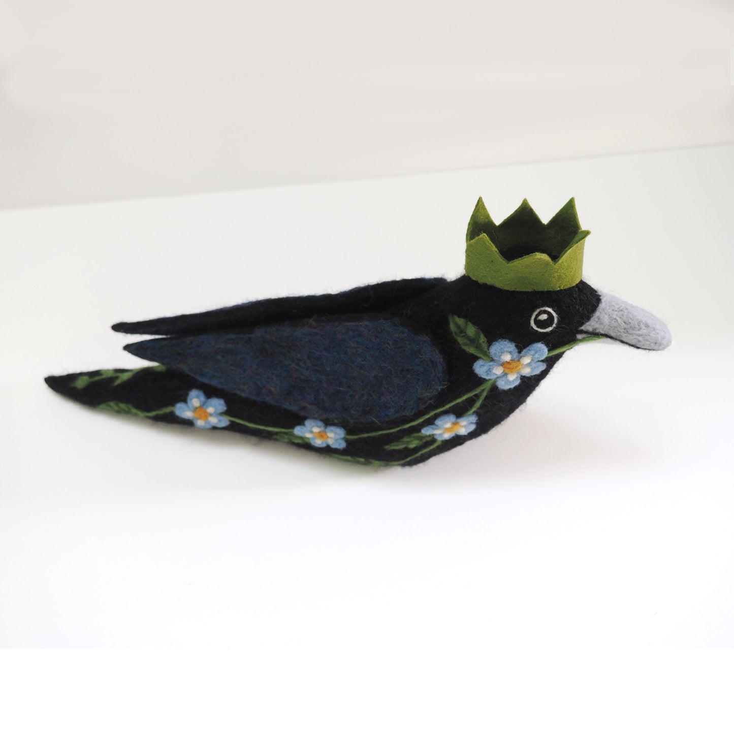 STANDING FLORAL AND FERN CROW NEEDLE-FELTED 3-D BIRD FIGURE