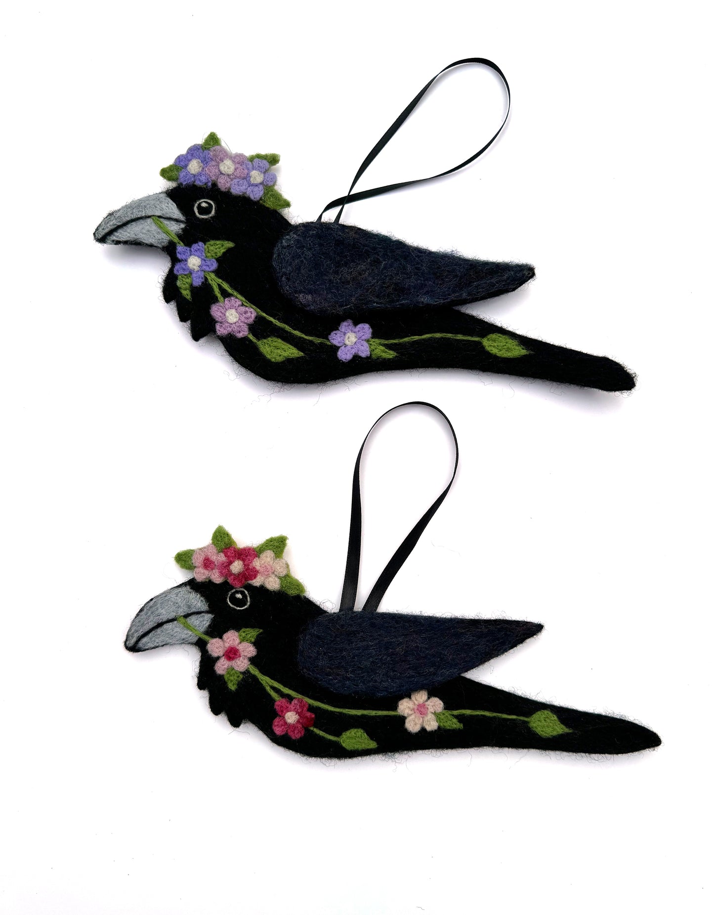 PINK SPRING GARLAND Wool Needle-Felted Raven Hanging