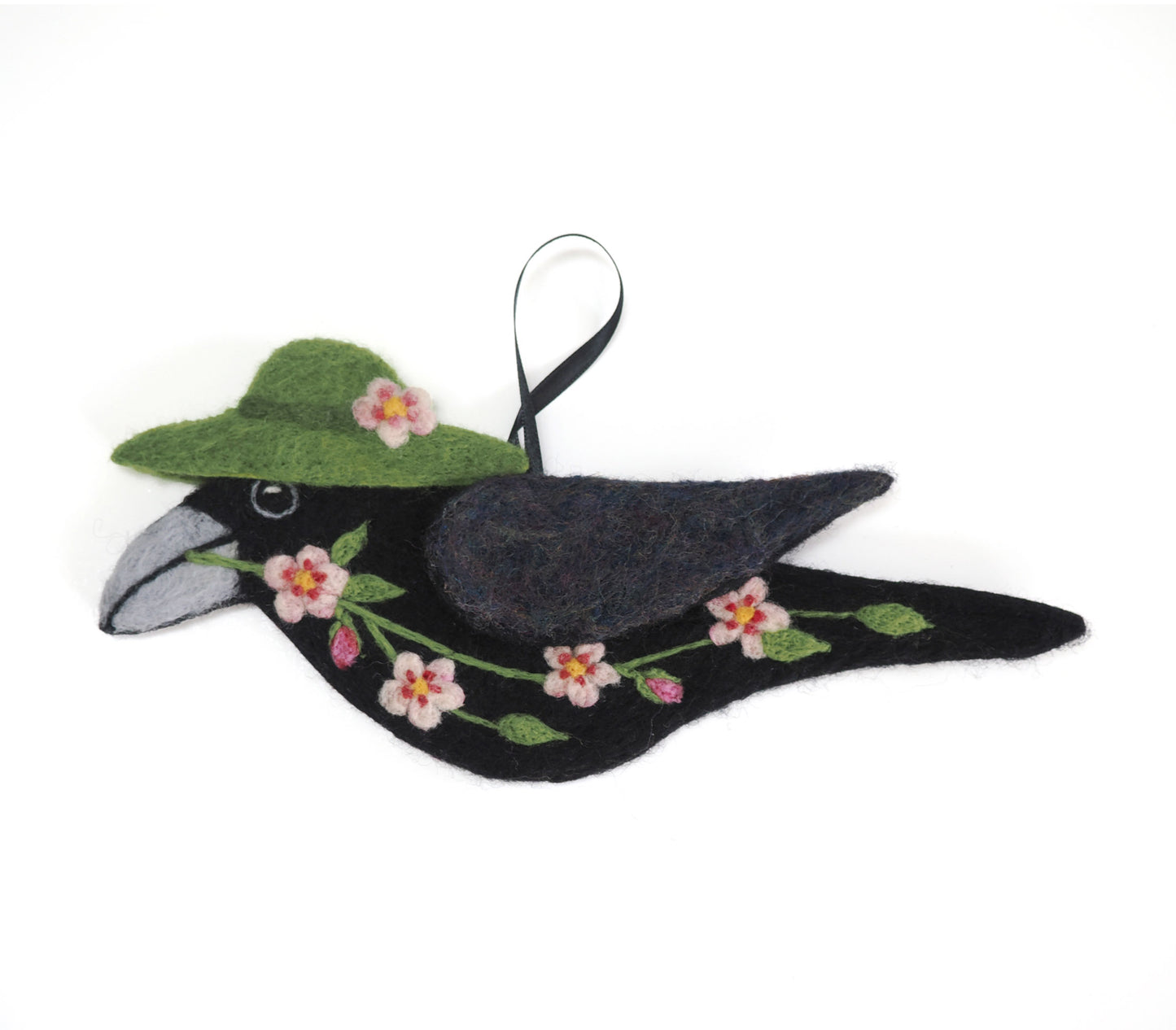 LARGE APPLE BLOSSOM CROW Wool Needle-Felted Crow Hanging