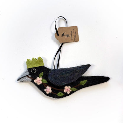 PINK BLOSSOM Wool Needle-Felted Crow Hanging