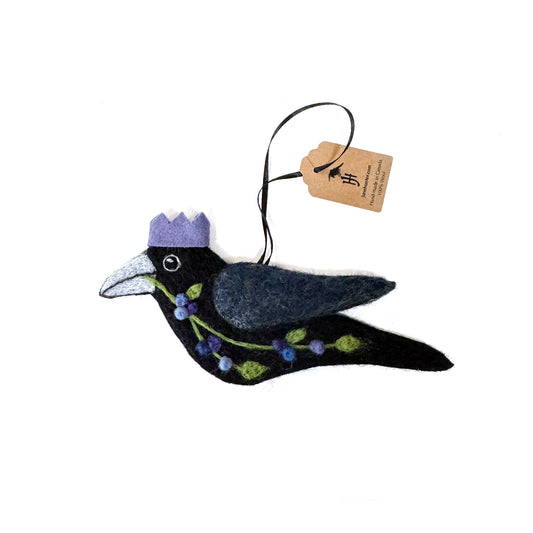 BLUE BERRIES Wool Needle-Felted Crow Hanging