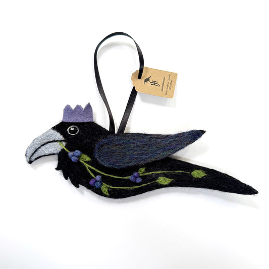 BLUE BERRIES Wool Needle-Felted Raven Hanging