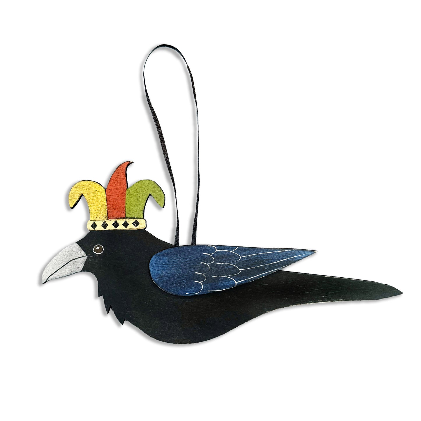 JESTER RAVEN 1 — Hand-Painted Wooden Raven Hanging