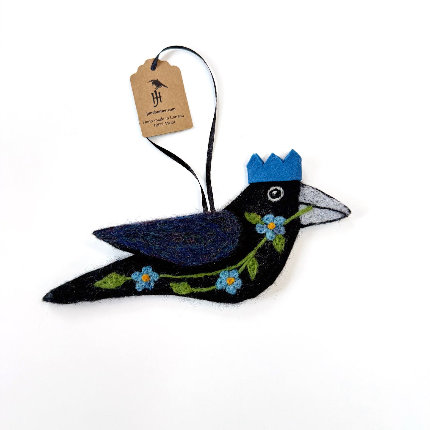 FORGET ME NOT Wool Needle-Felted Crow Hanging