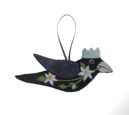 BLUE STAR FLOWERS Wool Needle-Felted Crow Hanging