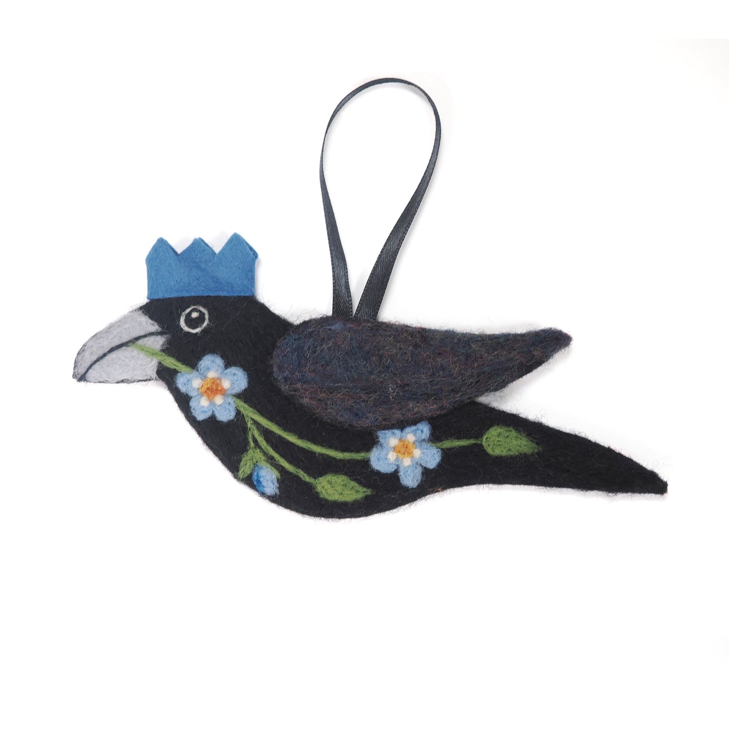 BLUE FLOWERS Wool Needle-Felted Crow Hanging