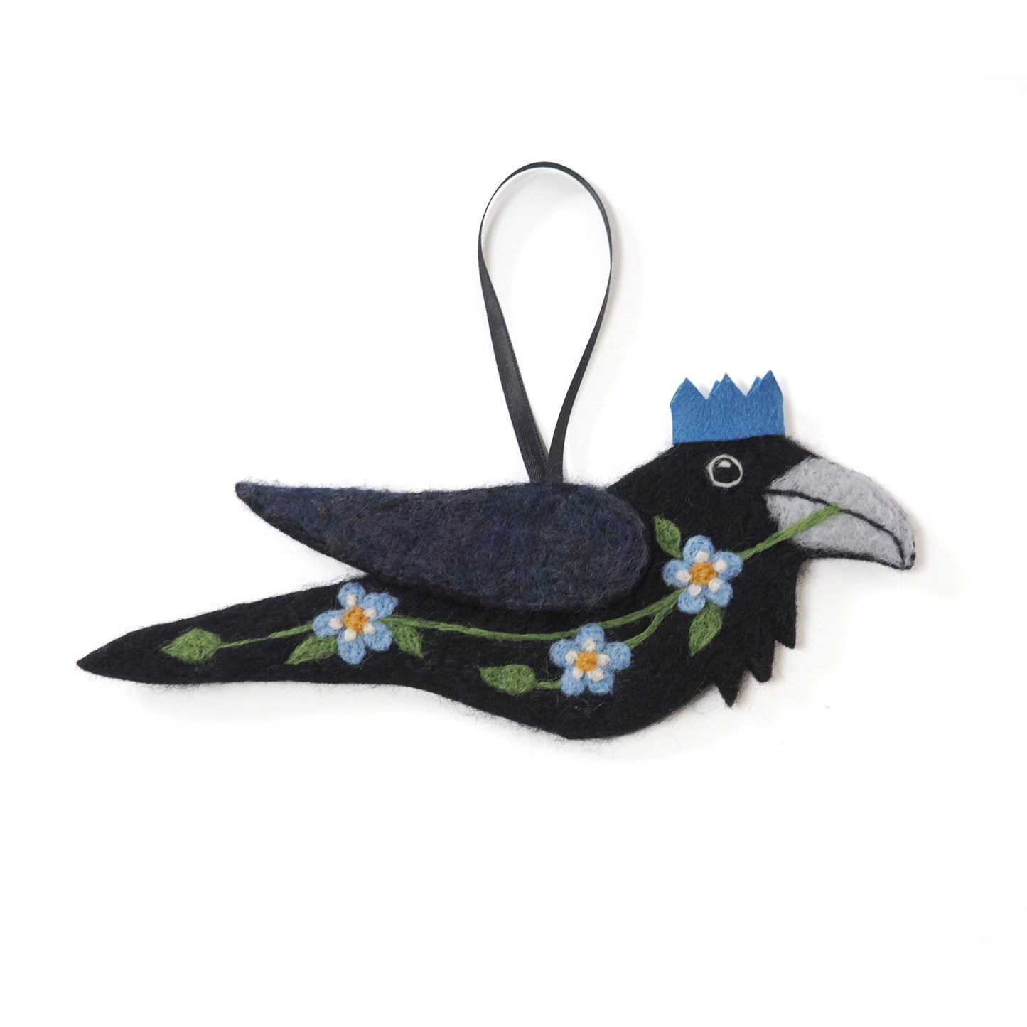 SKY BLUE FLOWERS PARTY RAVEN Wool Needle-Felted Raven Hanging