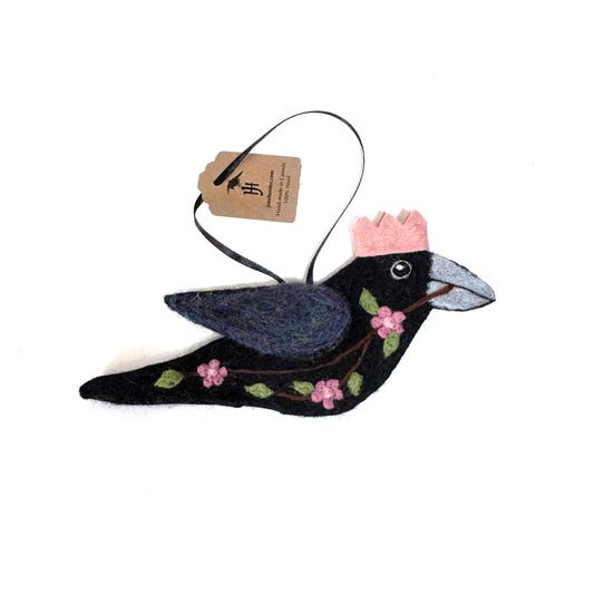PINK BLOSSOMS Wool Needle-Felted Crow Hanging