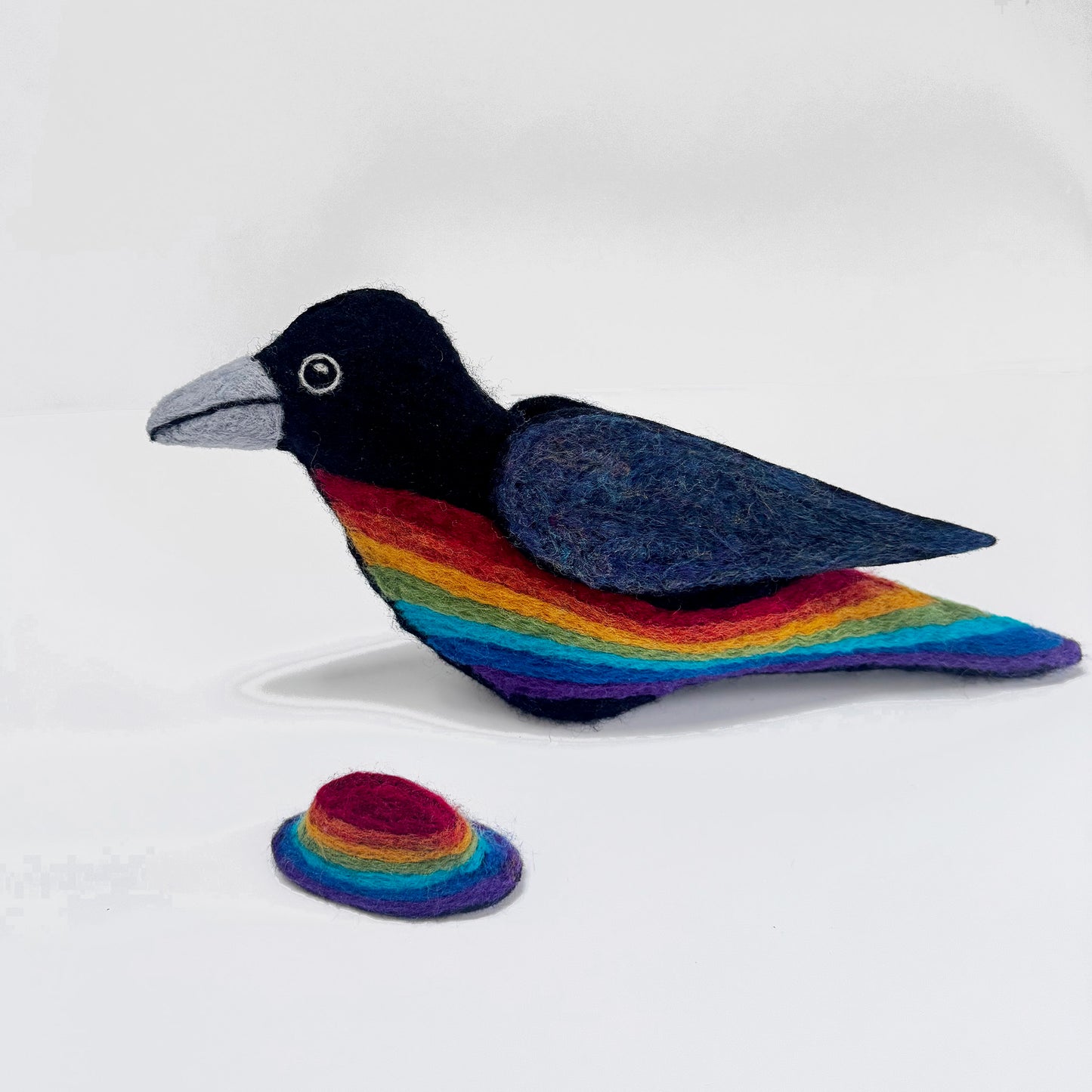 STANDING RAINBOW CROW NEEDLE-FELTED 3-D BIRD FIGURE