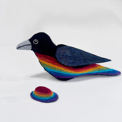 STANDING RAINBOW CROW NEEDLE-FELTED 3-D BIRD FIGURE