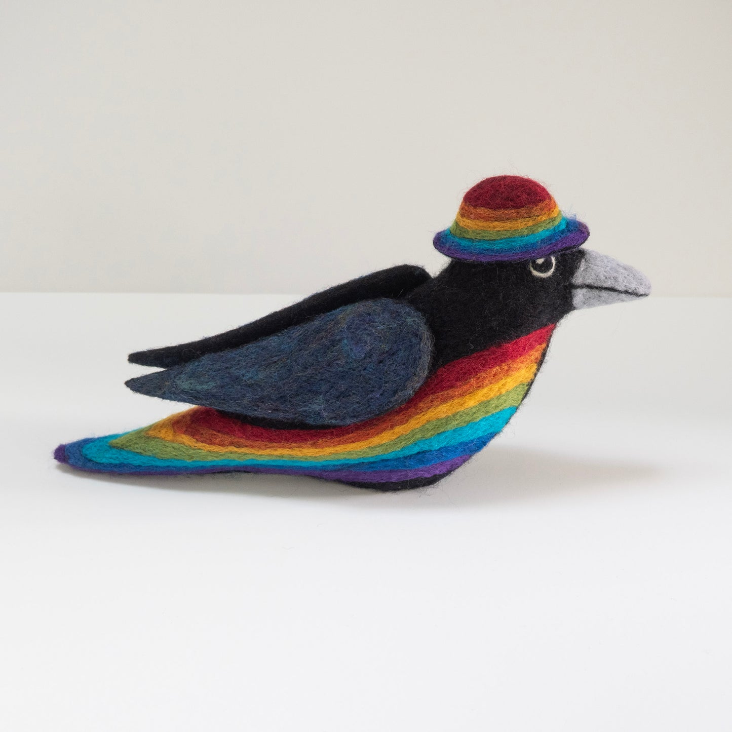 STANDING RAINBOW CROW NEEDLE-FELTED 3-D BIRD FIGURE