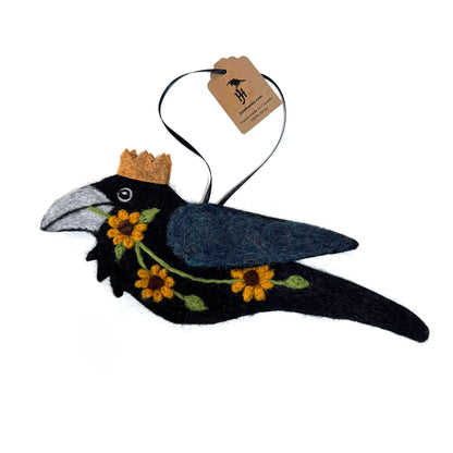 SUNFLOWER Wool Needle-Felted Raven Hanging