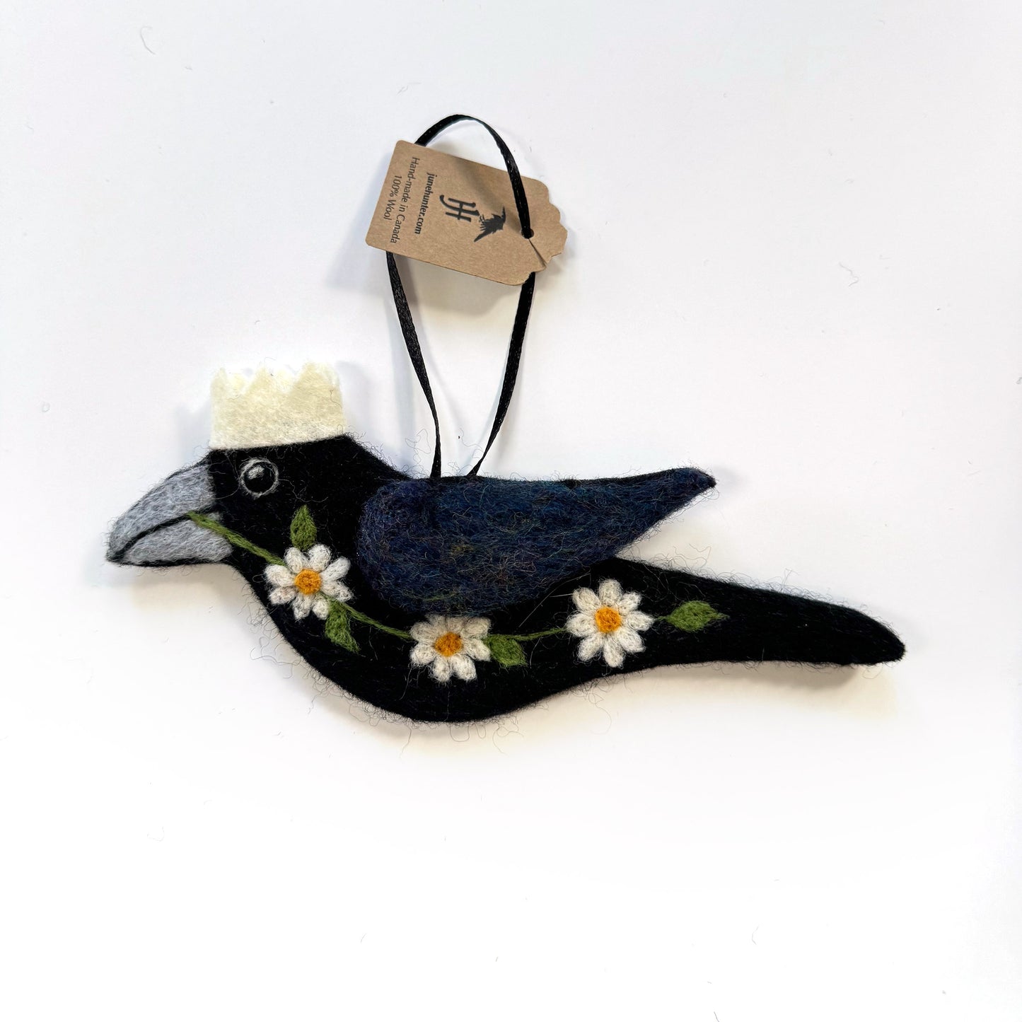 WHITE DAISY Wool Needle-Felted Crow Hanging