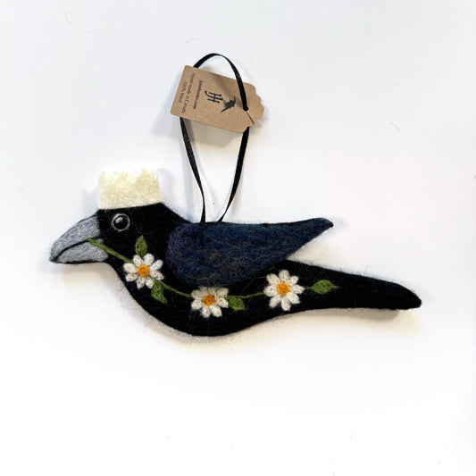 WHITE DAISY Wool Needle-Felted Crow Hanging