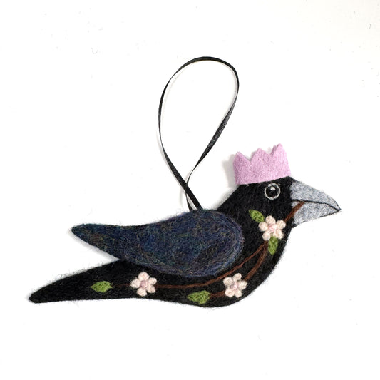 PINK BLOSSOM Wool Needle-Felted Crow Hanging