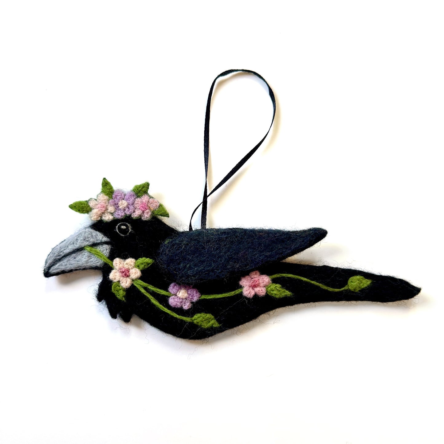 PINK SPRING GARLAND Wool Needle-Felted Raven Hanging