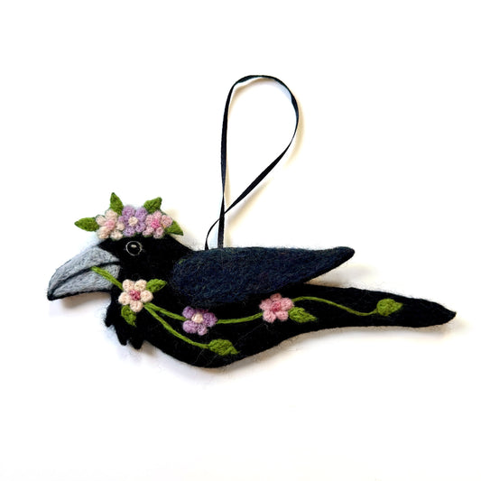 PINK SPRING GARLAND Wool Needle-Felted Raven Hanging