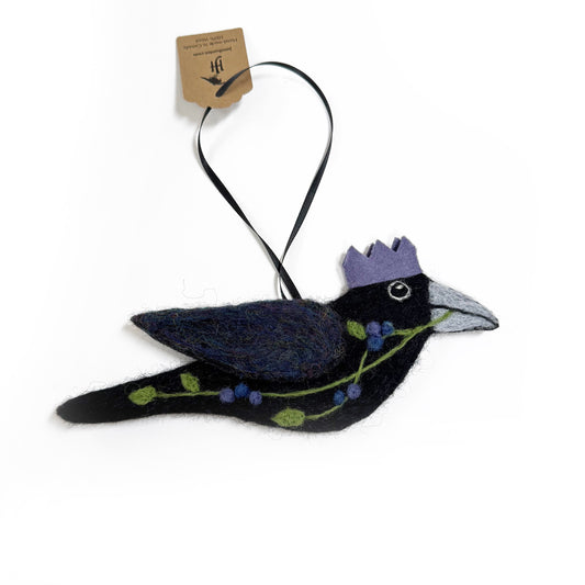 BLUE BERRIES Wool Needle-Felted Crow Hanging