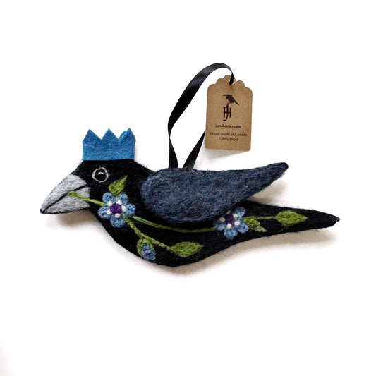 BLUE AND PURPLE FLOWERS Wool Needle-Felted Crow Hanging