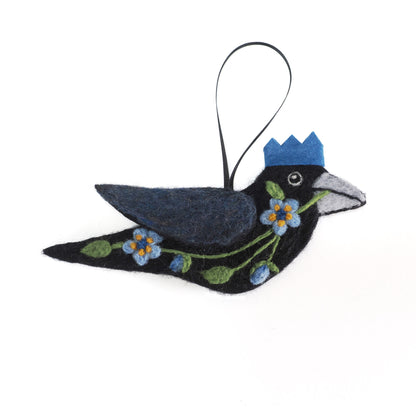 BLUE FLOWERS Wool Needle-Felted Crow Hanging