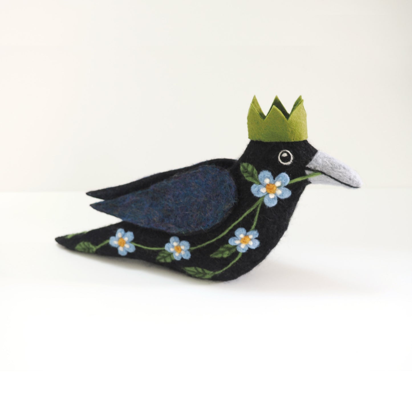 STANDING FLORAL AND FERN CROW NEEDLE-FELTED 3-D BIRD FIGURE