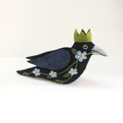 STANDING FLORAL AND FERN CROW NEEDLE-FELTED 3-D BIRD FIGURE