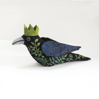 STANDING FLORAL AND FERN CROW NEEDLE-FELTED 3-D BIRD FIGURE