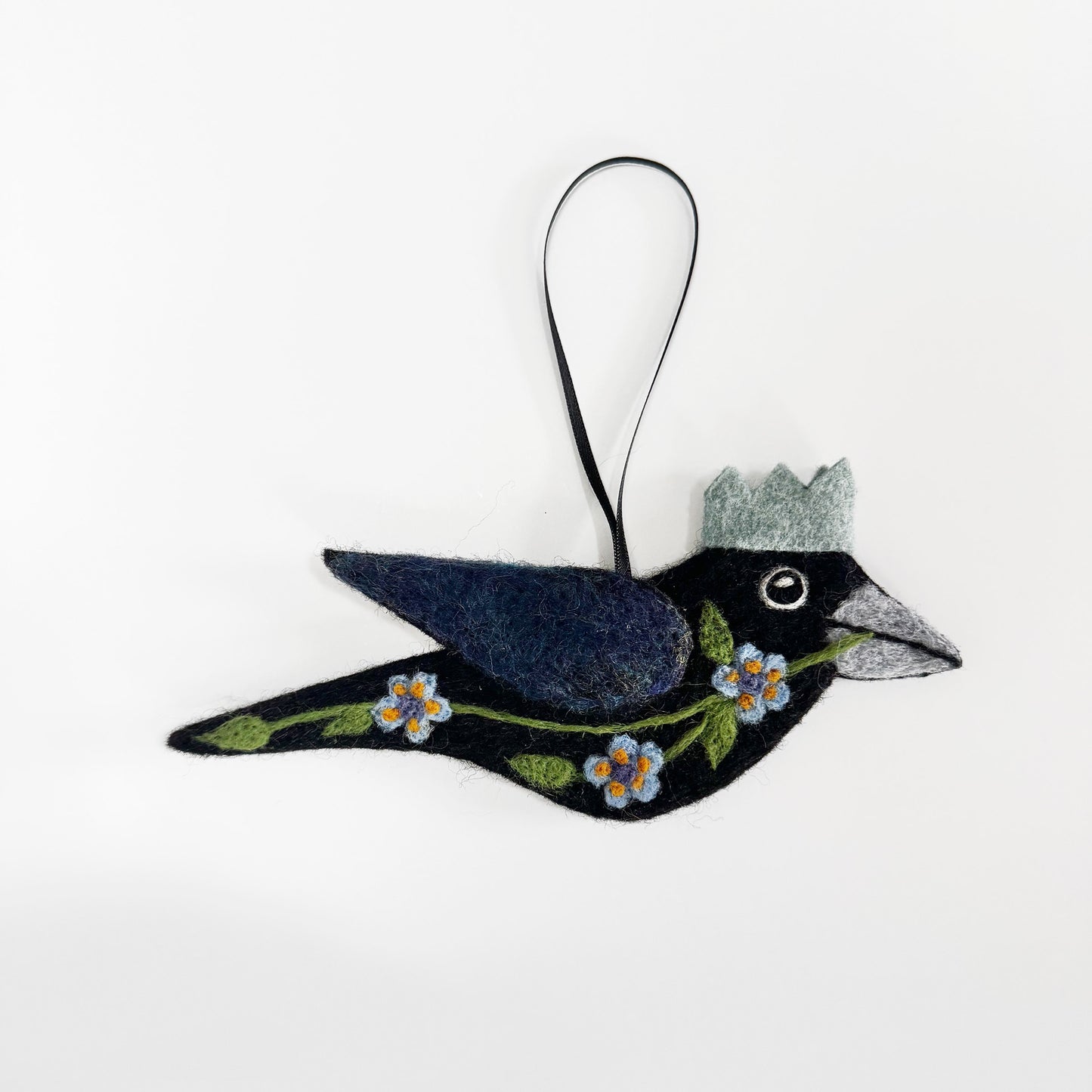 BLUE FLOWERS Wool Needle-Felted Crow Hanging