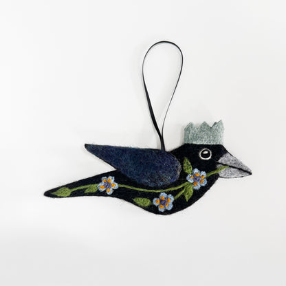 BLUE FLOWERS Wool Needle-Felted Crow Hanging