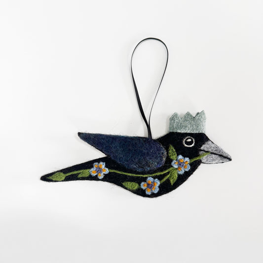 BLUE FLOWERS Wool Needle-Felted Crow Hanging