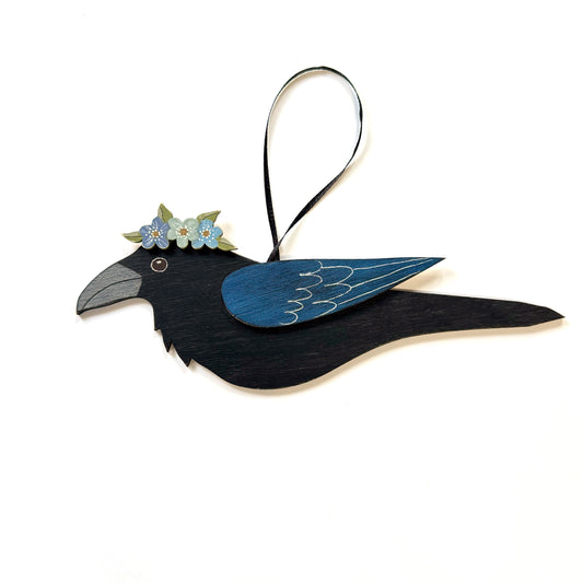 RAVEN WITH BLUE FLORAL CROWN — Hand-Painted Wooden Raven Hanging