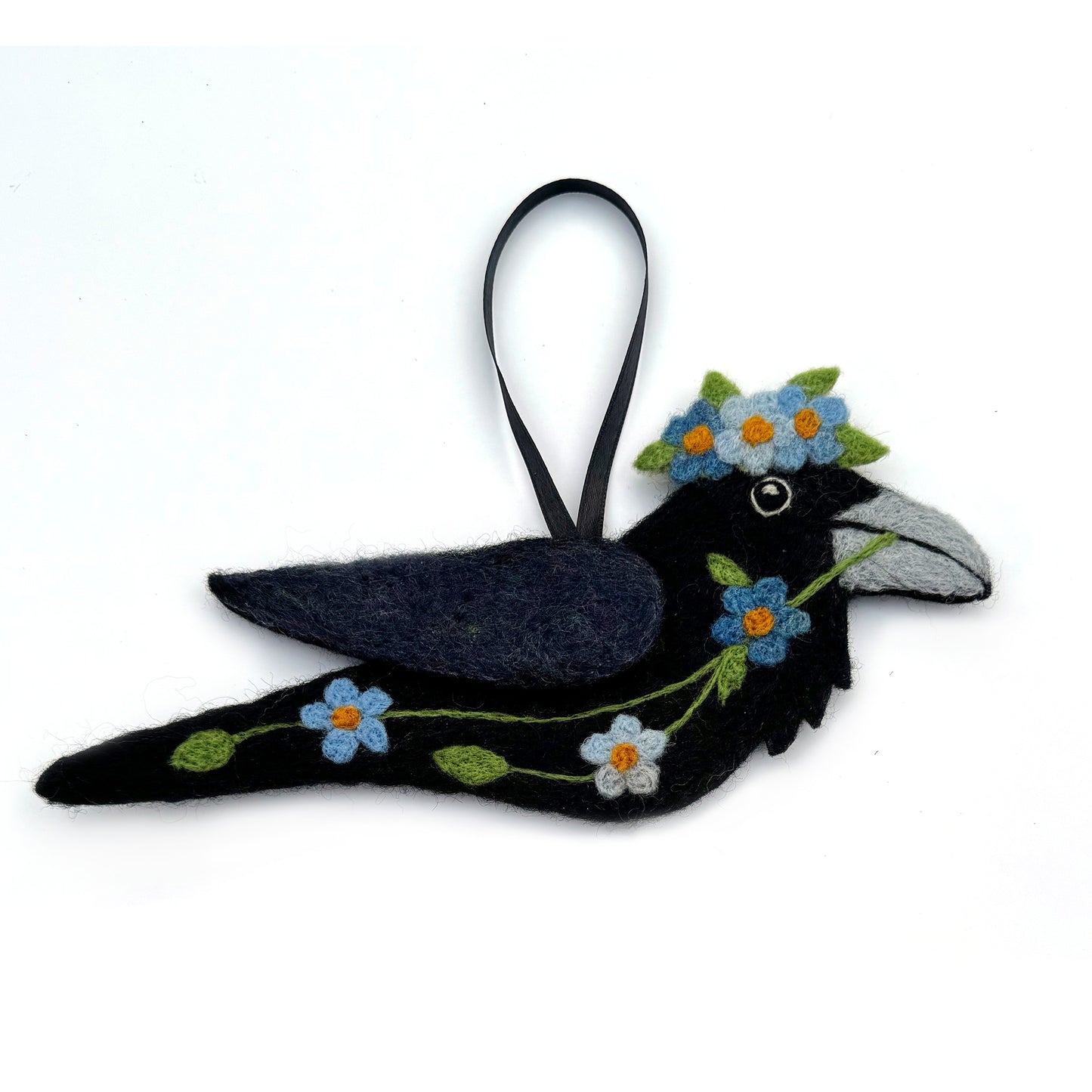 BLUE SPRING GARLAND Wool Needle-Felted Raven Hanging