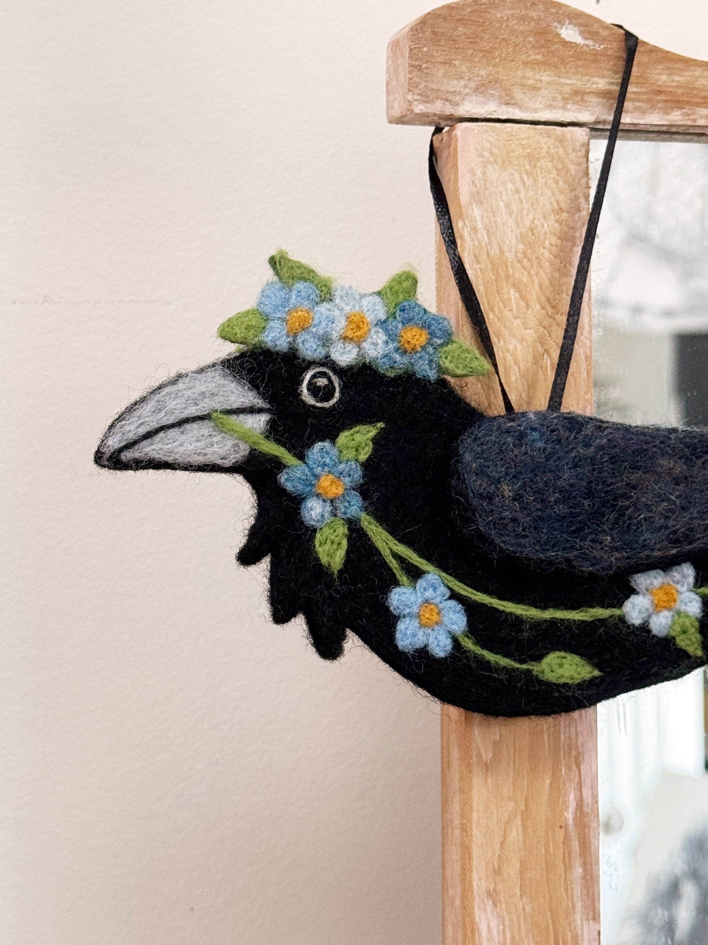 BLUE SPRING GARLAND Wool Needle-Felted Raven Hanging