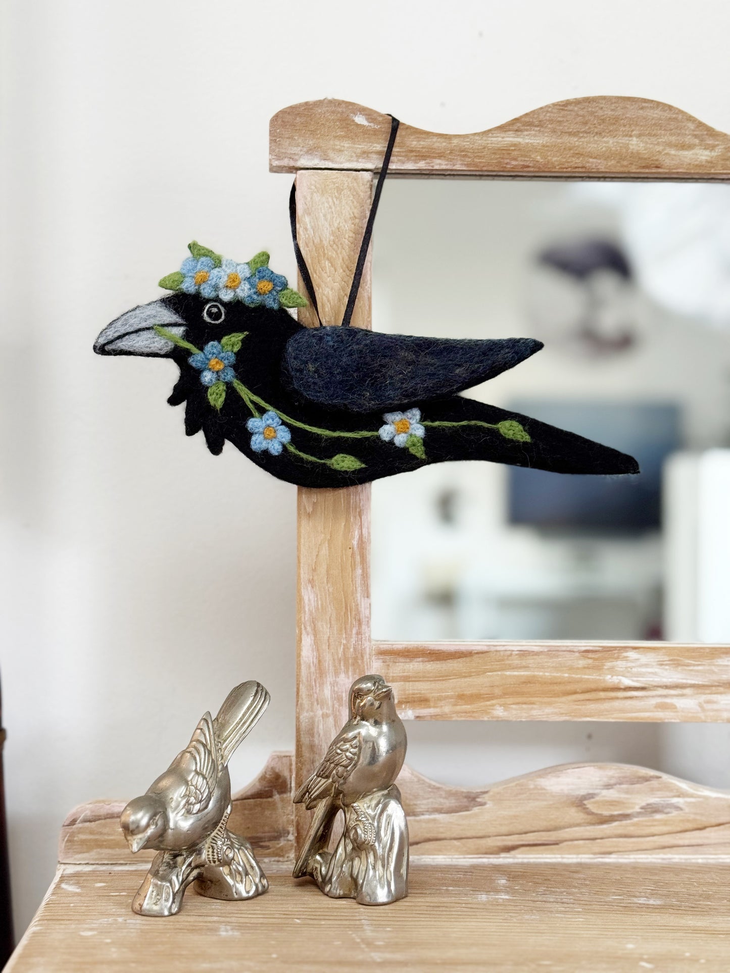 BLUE SPRING GARLAND Wool Needle-Felted Raven Hanging