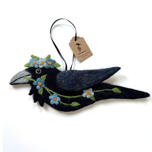 BLUE SPRING GARLAND Wool Needle-Felted Raven Hanging