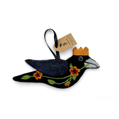 YELLOW FLOWERS Wool Needle-Felted Crow Hanging