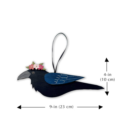 RAVEN WITH BLUE FLORAL CROWN — Hand-Painted Wooden Raven Hanging