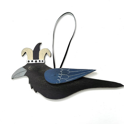 JESTER RAVEN 1 — Hand-Painted Wooden Raven Hanging