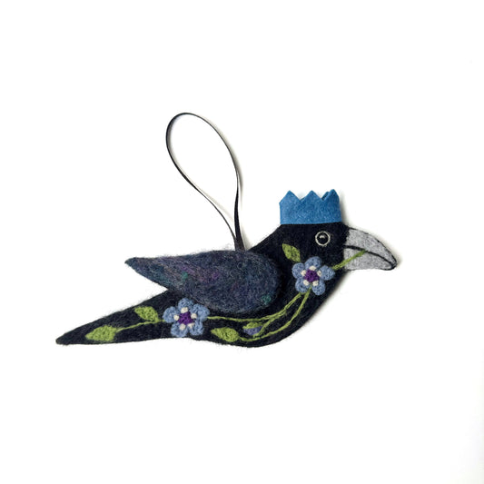 MAUVE FLOWERS Wool Needle-Felted Crow Hanging