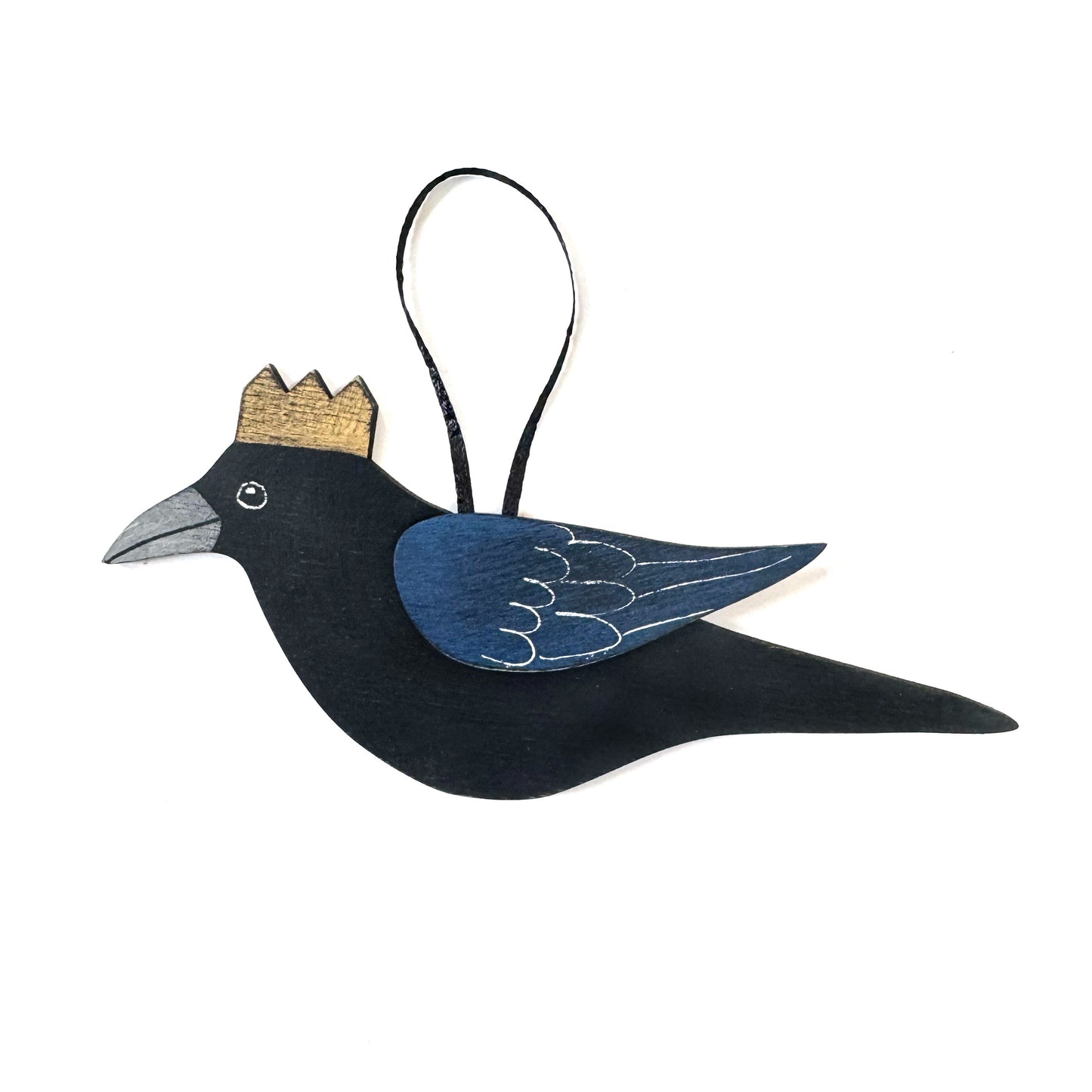 MEDIUM CROW WITH GOLDEN CROWN — Hand-Painted Wooden Crow Hanging