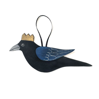 MEDIUM CROW WITH GOLDEN CROWN — Hand-Painted Wooden Crow Hanging