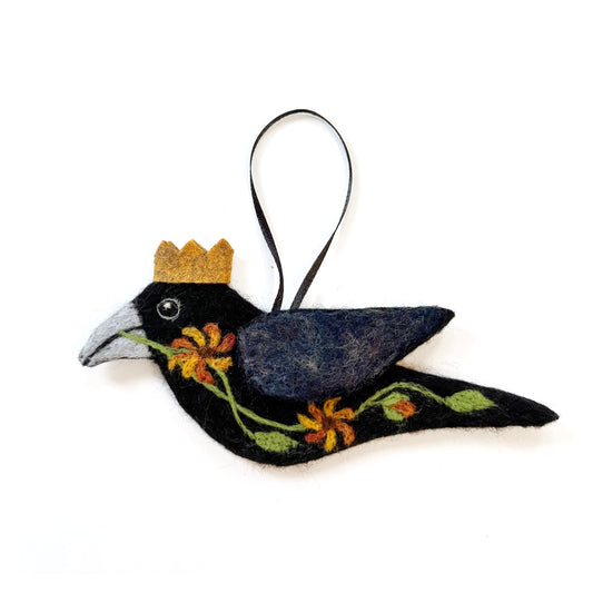ORANGE SPIRAL FLOWERS Wool Needle-Felted Crow Hanging