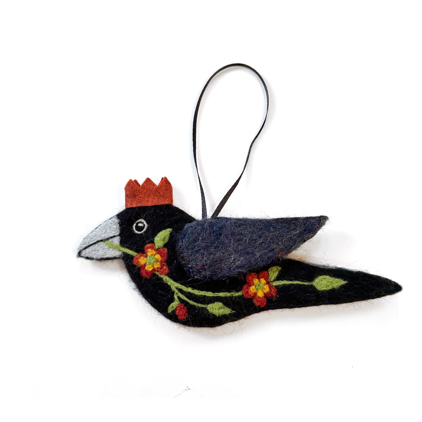 YELLOW-ORANGE FLOWERS Wool Needle-Felted Crow Hanging