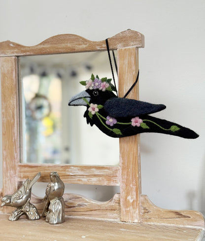 PINK SPRING GARLAND Wool Needle-Felted Raven Hanging