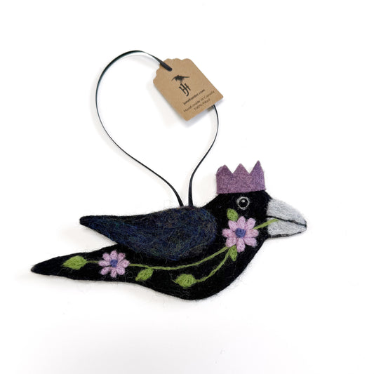 PINK DAISIES Wool Needle-Felted Crow Hanging