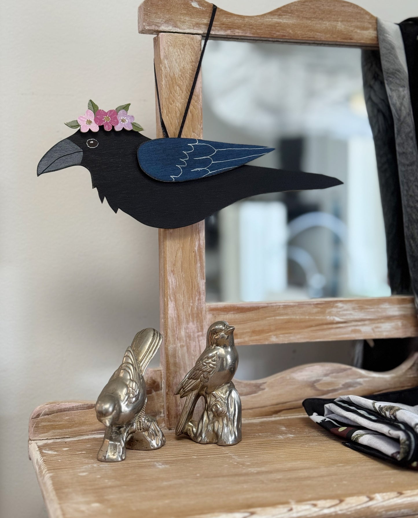 RAVEN WITH PINK FLORAL CROWN — Hand-Painted Wooden Raven Hanging