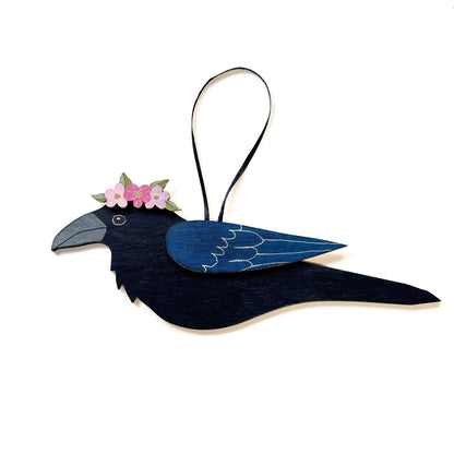 RAVEN WITH PINK FLORAL CROWN — Hand-Painted Wooden Raven Hanging
