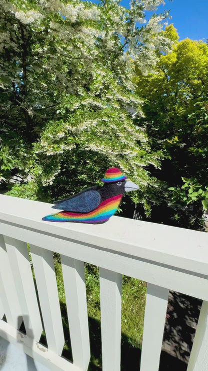 STANDING RAINBOW CROW NEEDLE-FELTED 3-D BIRD FIGURE