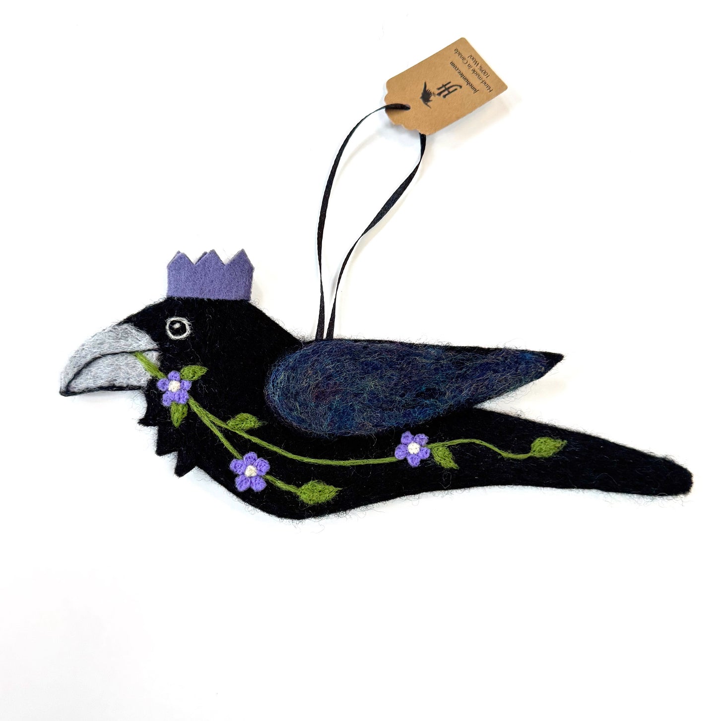 PURPLE FLOWERS Wool Needle-Felted Raven Hanging